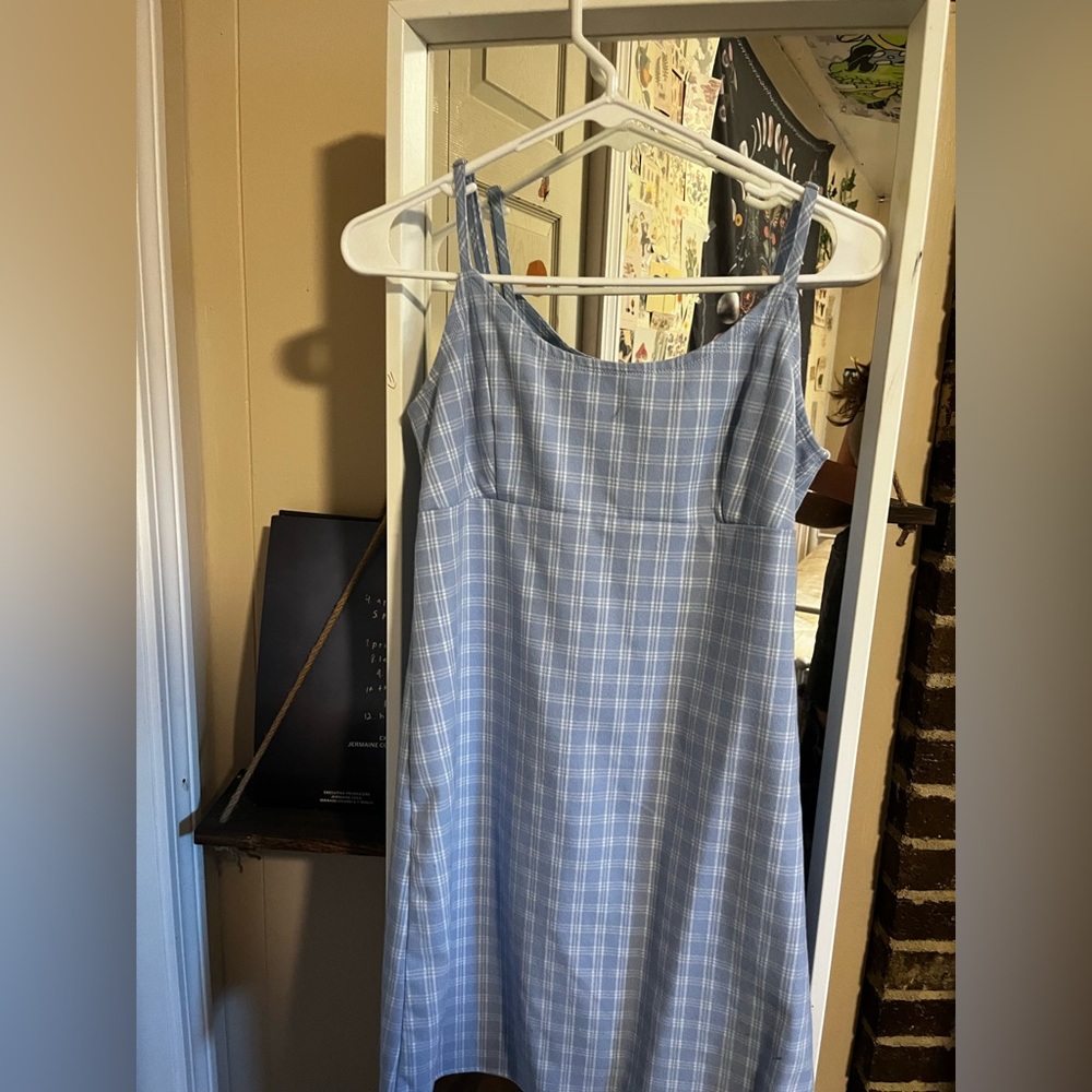 blue dress with white box lines, brandy melville.